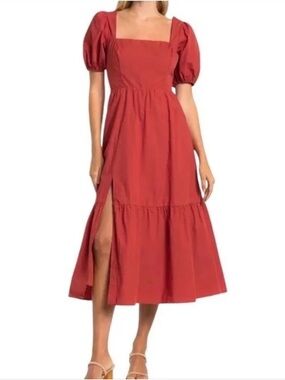Astr Square Neck Puff Sleeve Tiered Midi in Warm Red